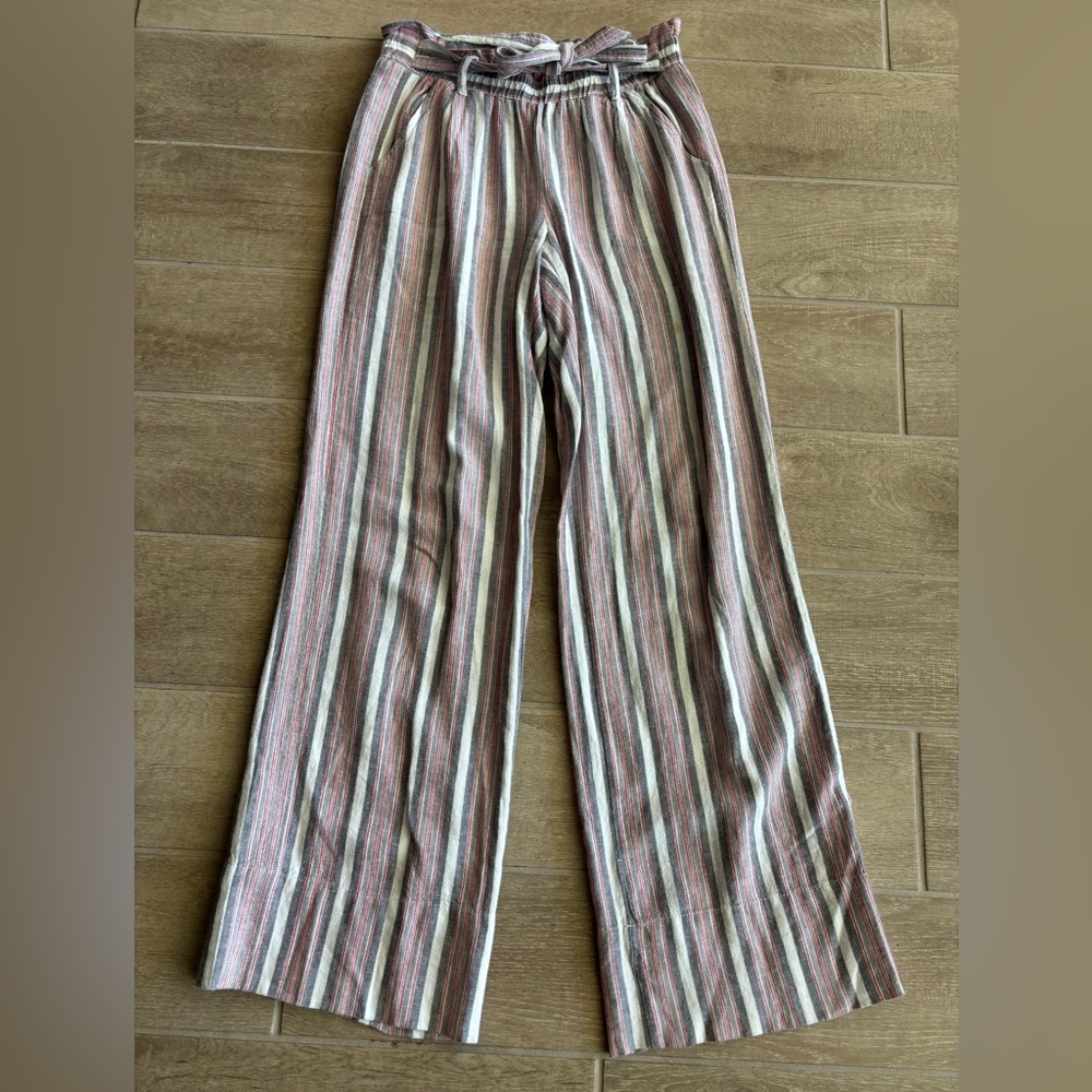 Jolt Striped Linen Drawstring Pants in Pink, Gray, and Cream